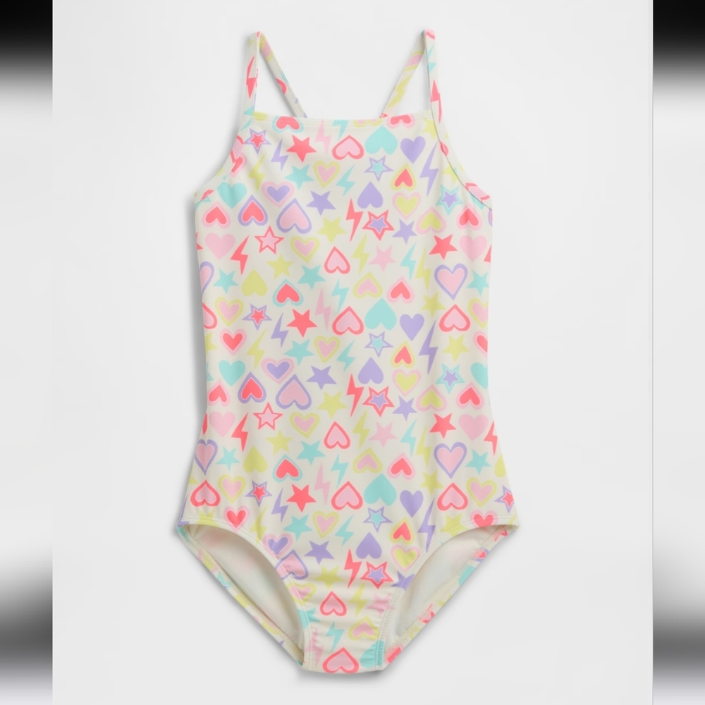 Colorful Heart and Star Criss Cross Back Swimsuit XS 4/5 Girls